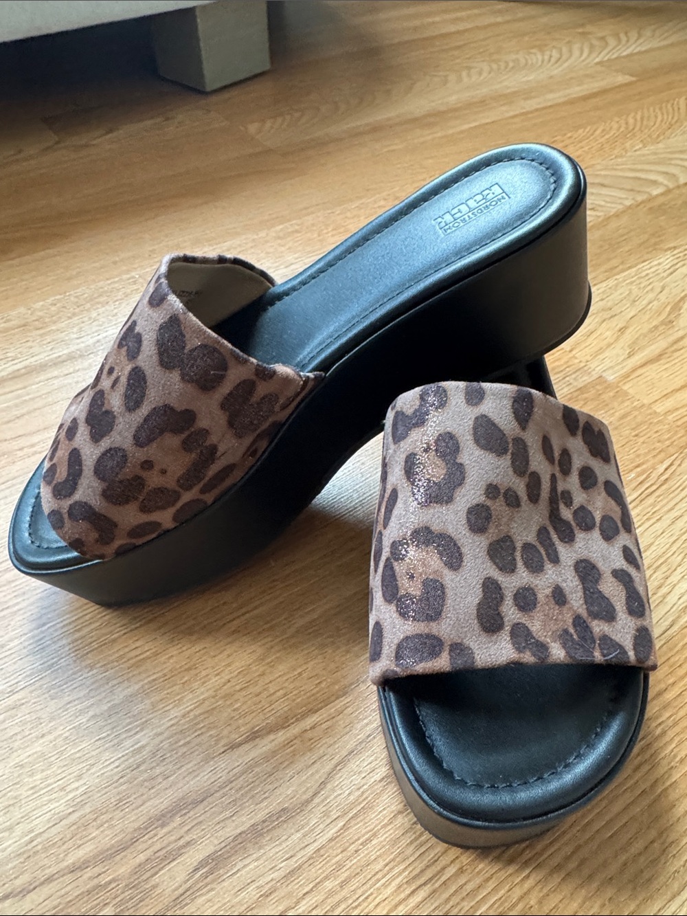 Leopard Platform Slide Mules in Brown by Kelly & Katie,size 8